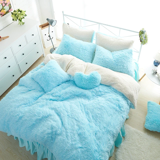 white blue princess girls bedding set thick fleece warm winter bed fleece sheets queen