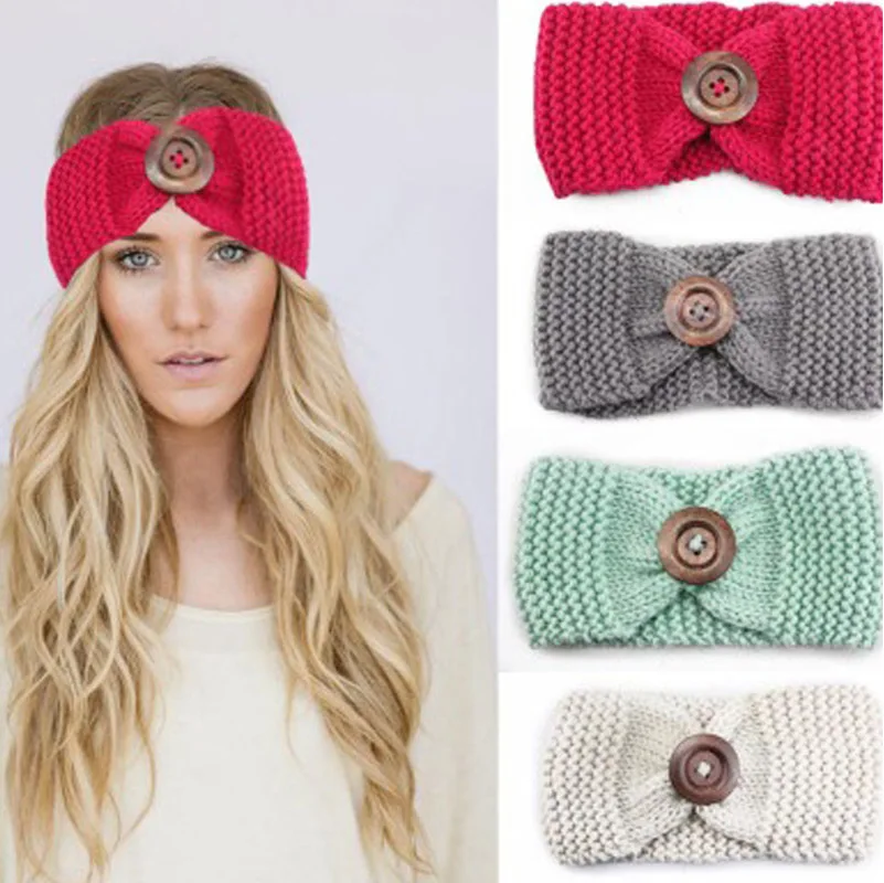 

Winter Warmer Knitted Headband Turban For Lady Women Crochet Bow Button Stretch Knit Hairband Wool Headwrap Hair Accessories
