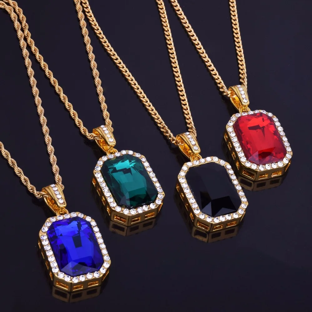 Квадратное ожерелье с красно-синим кристаллом и подвеска золотого цвета со льдом, блестящие стразы для мужчин и женщин, ювелирные изделия в стиле хип-хоп, кубинская цепочка 2" 24"