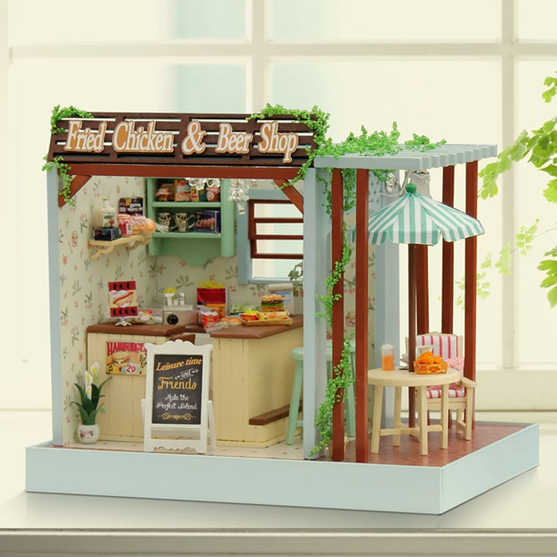 

TuKIIE DIY Doll House Miniature Dollhouse With Furnitures Wooden Handmade House Toys Gift Fried Chicken & Beer Shop Z006 #E