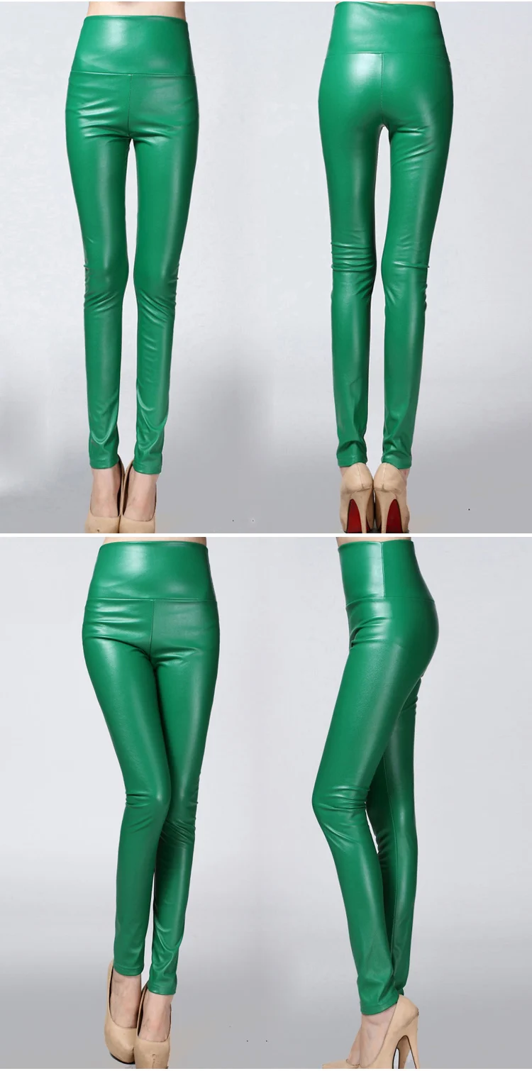 Autumn and winter large size with fleece PU color imitation leather leggings high waist tight leather trousers for women slim (23)