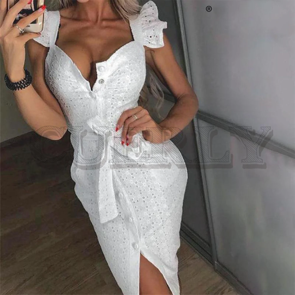

CUERLY White cotton embroidery summer dress women elegant Lace hollow out buttons dresses Female holiday bodycon long vestidos