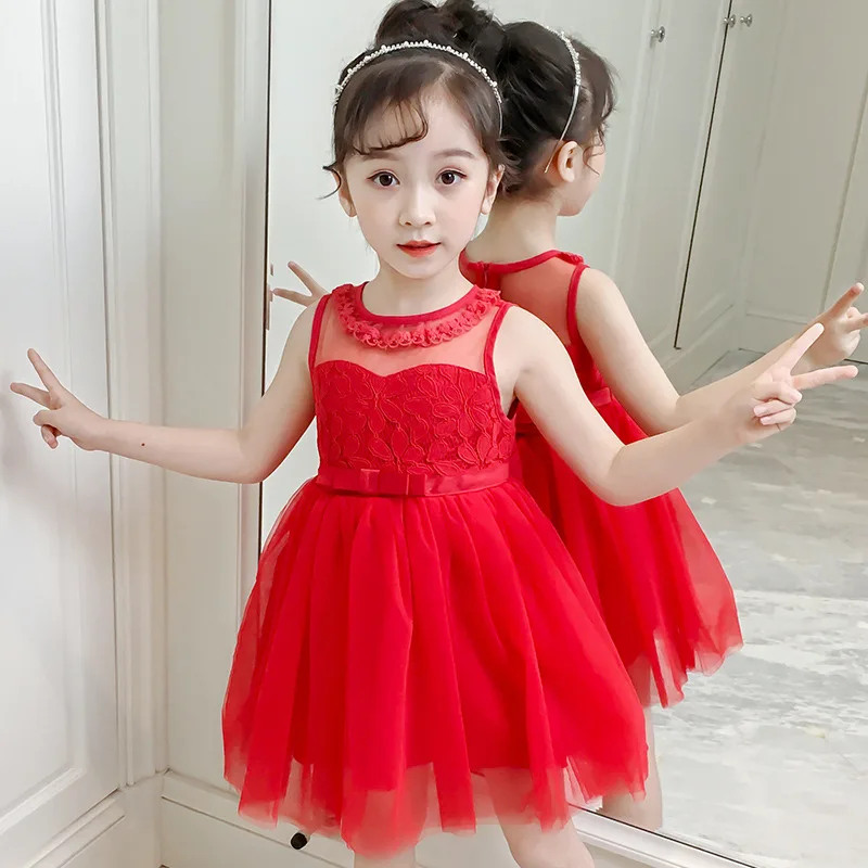 Платье для маленьких девочек, новое летнее кружевное красное платье принцессы без рукавов для девочек, одежда для детей 2, 3, 5, 8, 9, 10 лет, детские костюмы