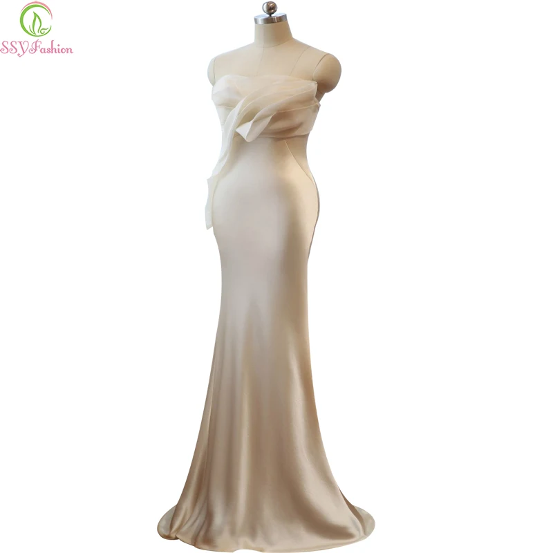 

SSYFashion Strapless Sexy Fishtail Evening Dress Bride Banquet Party Long Prom Dress Luxury Satin Catwalk Dresses Robe De Soiree