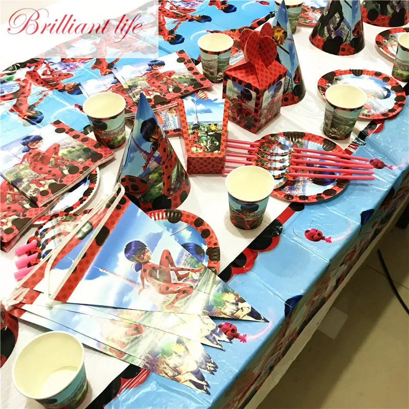 

101pcs Wonderful Ladybug Theme Tableware Girl Birthday Party Paper Cup Plate Popcorn Box Wedding Blowout Invitation Card Supply