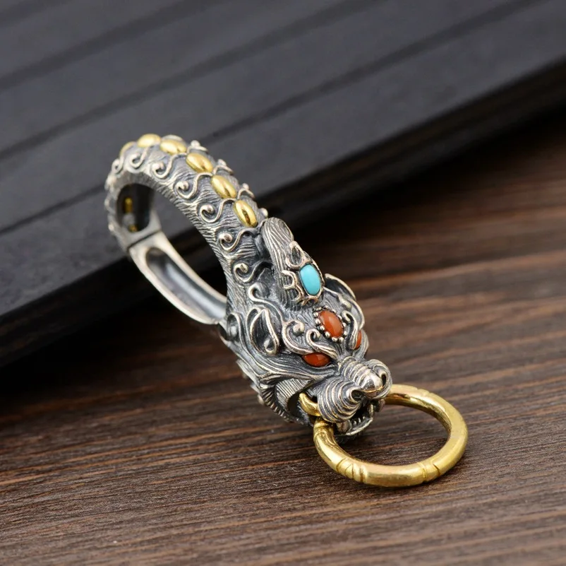 

100% Real 925 Sterling Silver VINTAGE biker Retro dragon keyring key ring keychain chain clasp wholesale jewelry Gift A1810