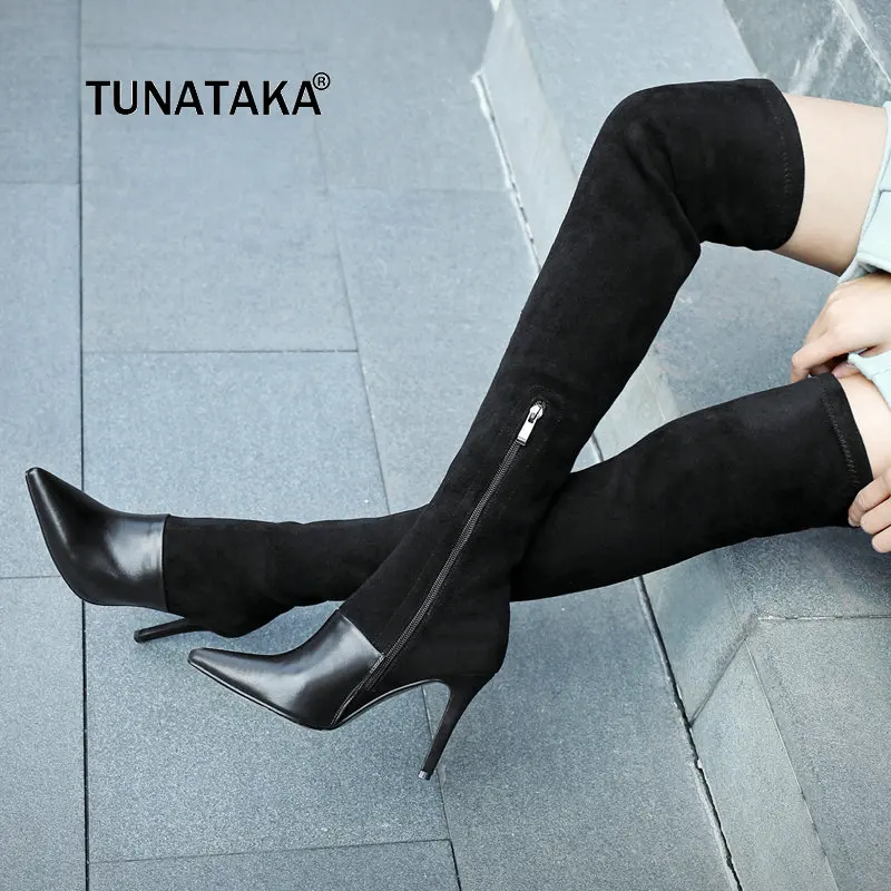 

For Ladies Genuine Leather With Side Zipper Thin HIgh Heel Over The Knee Boots Fashion Pointed Toe Elastic Boots Black Brown