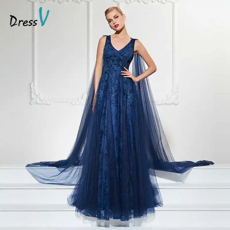 DressV navy watteau train long evening dress v
