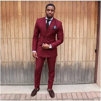 

2018 slim fit Burgundy Double Breasted Tuxedo Skinny Men Suit Slim Fit 2 Pieces mens Suits Custom Groom Blazer Terno masculino