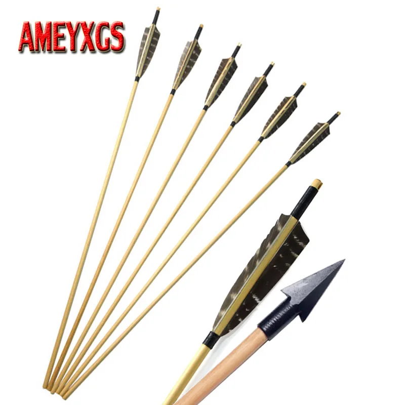 

9/12pcs Archery 8mm Wooden Arrow Handmade Traditional Arrowhead Turkey Feather Wood Arrows For Hunting Shooting Accessories