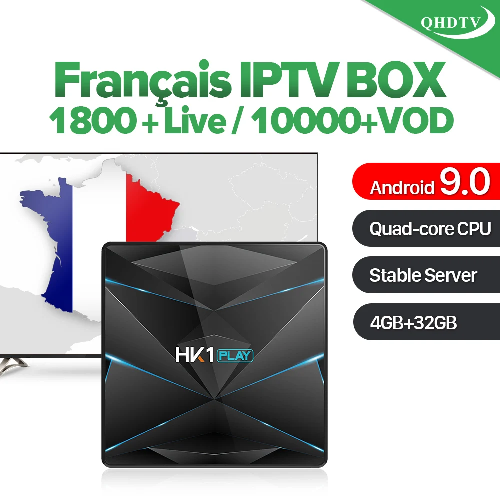 

Android 9.0 smart IPTV Arabic France box HK1PLAY QHDTV 1 Year Code 4G 32G S905X2 BT 4.0 IPTV Italy Germany Benelux UAE IP TV