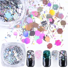 Лазерные серебряные блестки для ногтей, голографические блестки, смесь шестигранных звездочек, сердечных хлопьев, Маникюр украшения для ногтей, блестки для гель-лака, CHLH01-04