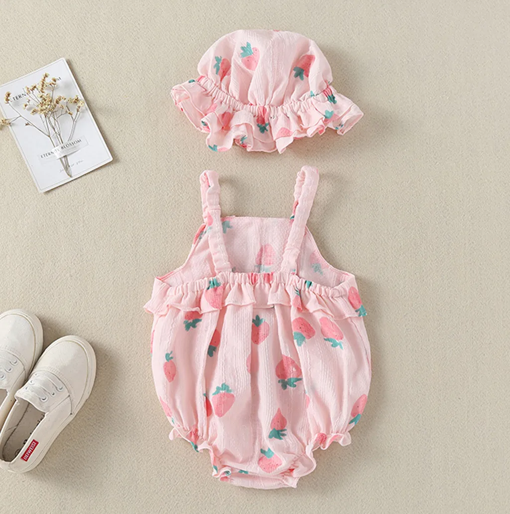 المولود الجديد الملابس الأشرطة الفراولة طباعة رومبير Sunsuit قبعة طفلة رومبير Recien Nacido طفلة الملابس 2019