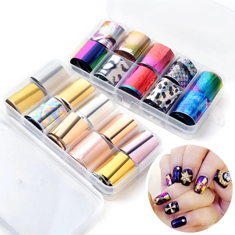 

10 Rolls Holo Nail Art AB Star Foils Laser Broken Glass Transfer Sticker Manicure UV Gel Polish Lace Decals New Design Wraps Set