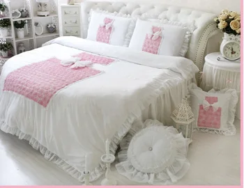 

100%Cotton Wedding Round Bed Bedding Set Korean Pastoral Rose Perfume Bottles Style WHITE Pink Blue Dreaming DuvetCover Bedskirt