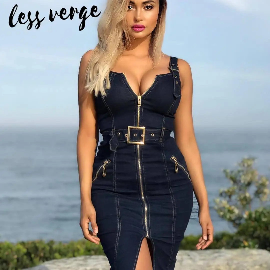 lessverge Backless bodycon denim midi dress women summer Zipper belt split party dress Sexy v neck strap jeans dresses vestidos