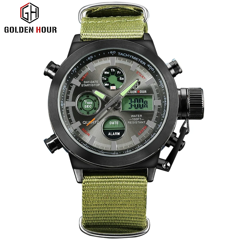 Billig Mode Marke Männer Sport Uhren mit Nylon Strap Digital Analog Uhr Armee Militär Wasserdichte Männliche LED Uhr Relogio Masculino