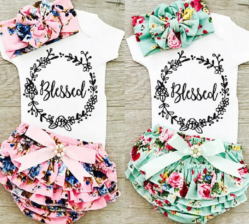 

0-18M Newborn Baby Girls Cotton Tops Romper Floral Shorts Headband Outfits Set Summer Clothes US Stock