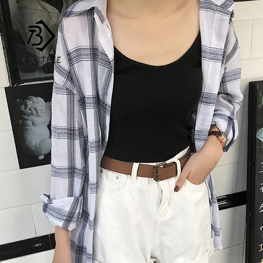 

2019 New Office Lady Woman Dew Plaid Shirt Single Breasted Turn down Collar Cotton Long Sleeve Pocket Button Feminina T8D502Z