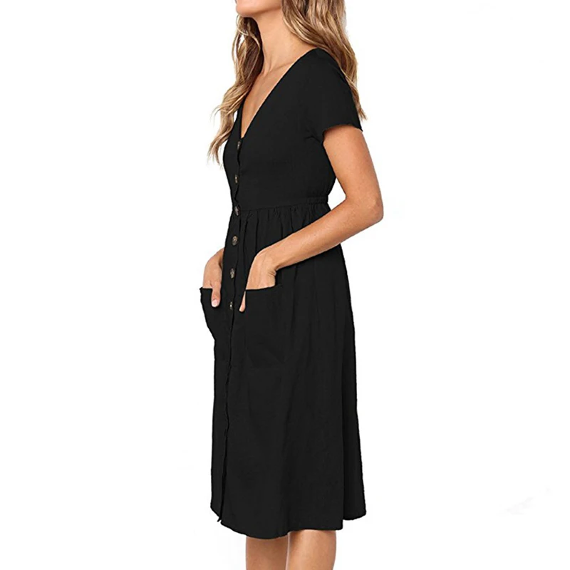 Women's Sexy Summer Dresses 2019 Boho Short Sleeve Button Solid Midi Dress Sundress With Pockets Lady Beach Party Dress Vestidos