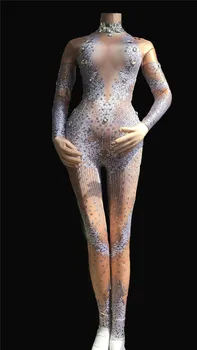 

Women's Nightclub Rhinestone Jumpsuit Long Sleeves Stretch Sexy Nude Bodysuit Stage Performance Party Celebrate Luxurious Outfit