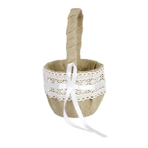 Delicate Lace Ribbon Decorated Burlap Flower Basket for Wedding Ceremony Party Delicate Lace Ribbon Decorated Burlap Flower Basket for Wedding Ceremony Party