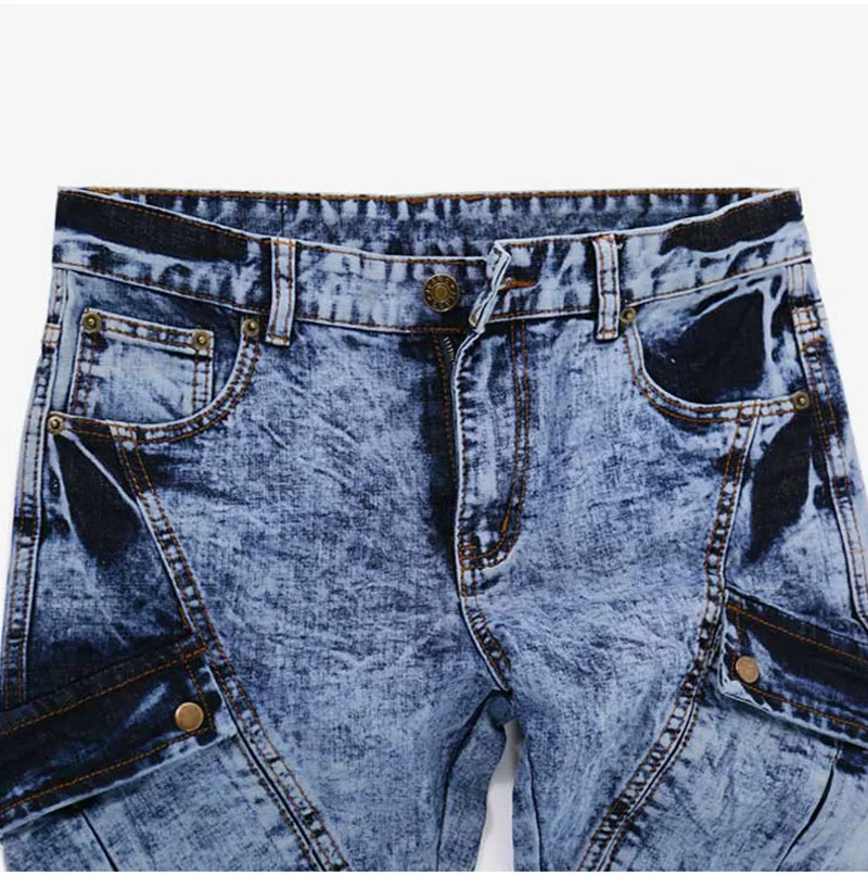 LLYGE мужские Ретро плиссированные джинсы из джинсовой ткани пэчворк мото Байкер узкие облегающие отбеленные брюки со стразами беговое