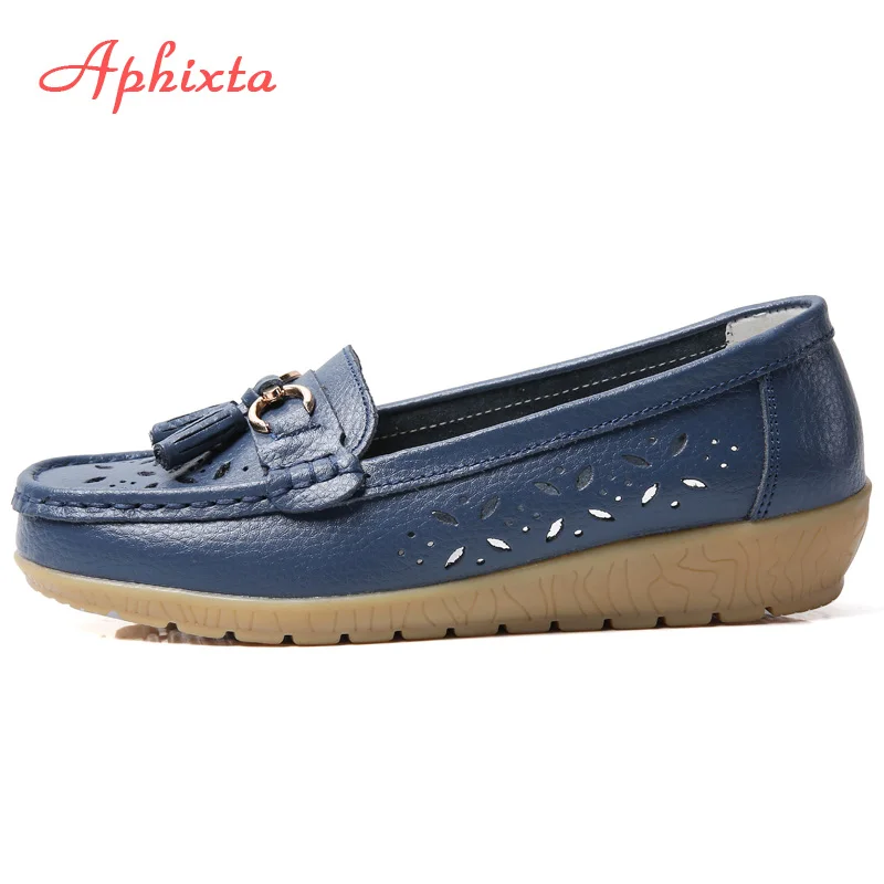 Aphixta/; женская обувь на плоской подошве; женская обувь из натуральной кожи; женские лоферы с вырезом; водонепроницаемые мокасины на плоской подошве без застежки из натуральной кожи; большой размер 44 - Цвет: Dark blue-Hollow