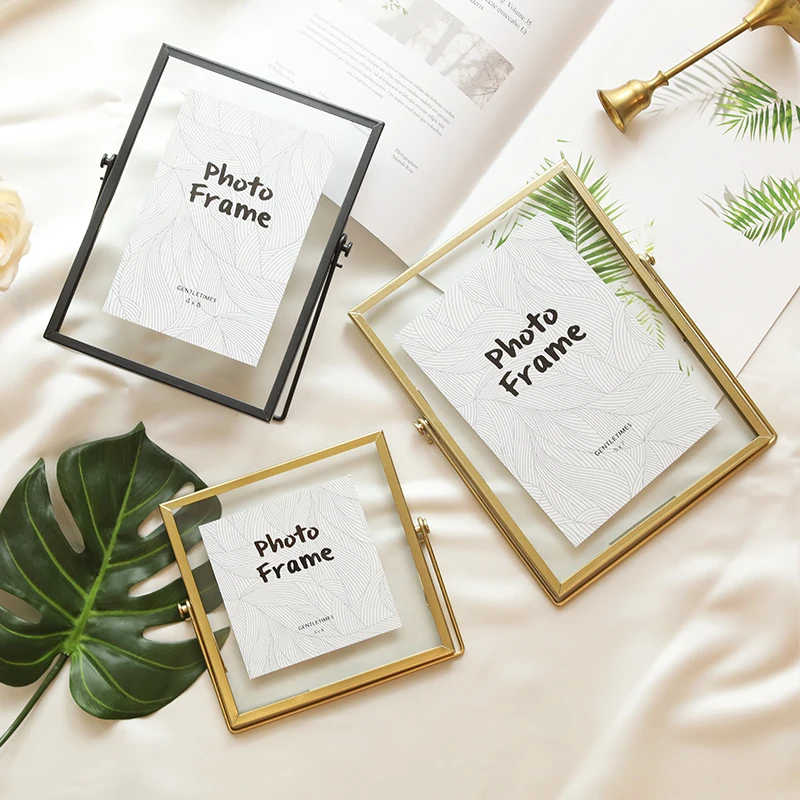 Gold Metal and Glass Photo Frame Folding Wire Desktop Picture Brass Frames for Portraits and Landscape
