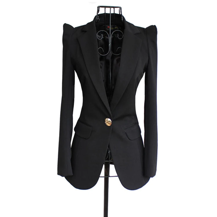 Women Elegant Office Lady Black One Button Blazer Shrug Shoulder Slim Twill Blazers New Autumn