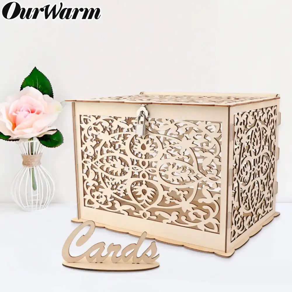 OurWarm коробка для свадебных открыток День Рождения украшения деревенский деревянный ящик для карт с замком DIY копилка подарок для гостя - изображение