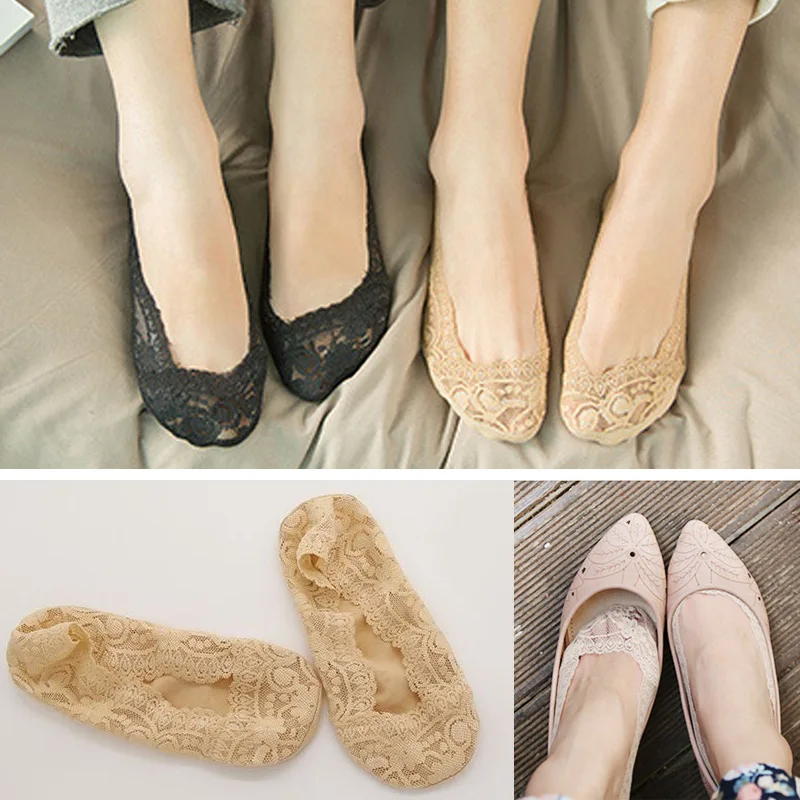 

Fashion Women's Cotton Lace Antiskid Invisible Liner Low Cut Socks Summer Nonslip No Show High Quality thin Solid Slippers Sock