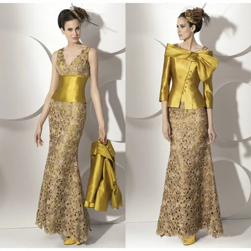 

Elegant Mother Of Bride Lace Dresses Special Pattern Two Piece Long Mother Dresses Golden Sash Wedding Party Gowns For Mum