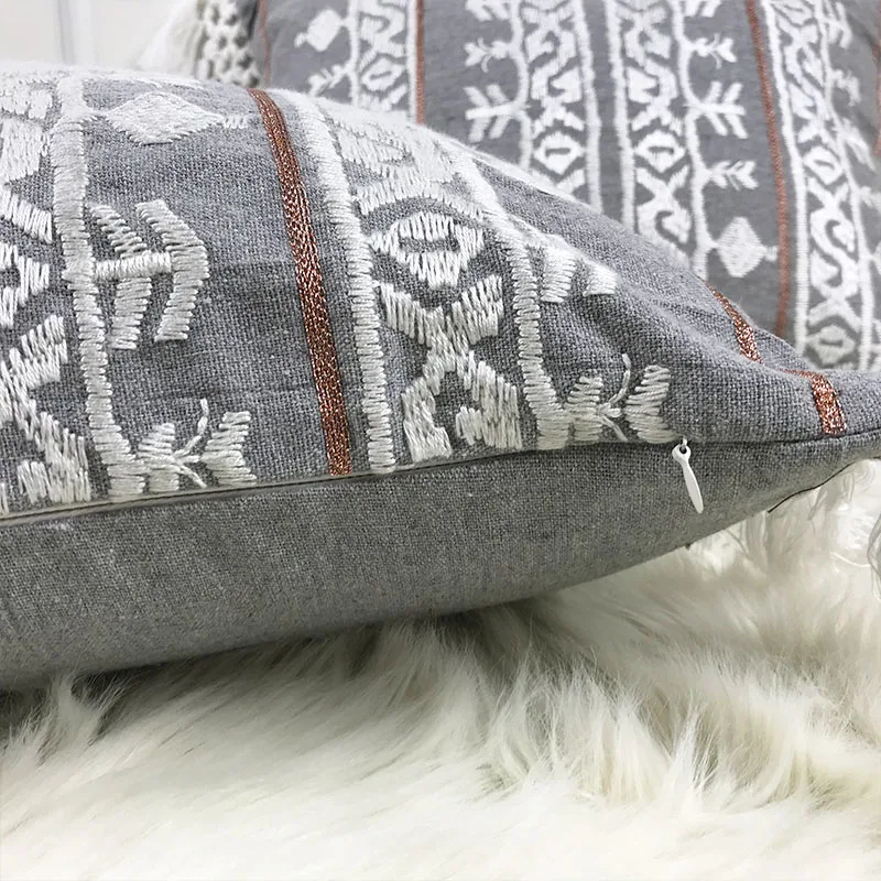 Льняная наволочка с вышивкой серый синий хаки этический чехол для подушки с цветочным принтом с кисточками для дивана простой домашний декор 35*45 см