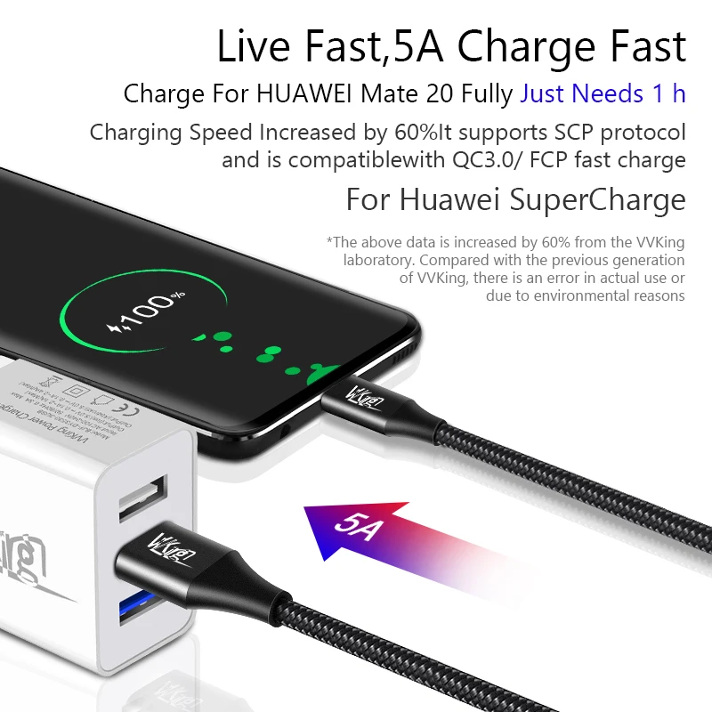 VVKing USB C кабель 5A Supercharge usb type C кабель для huawei p20 lite Быстрая зарядка быстрое зарядное устройство кабель для samsung S9 8 Note 9