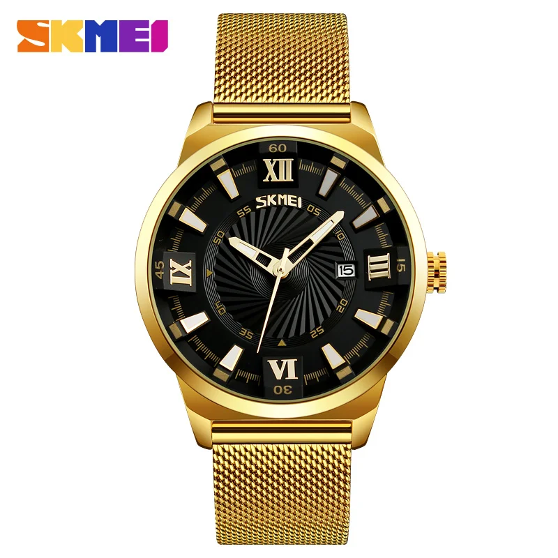SKMEI 9166 Бизнес Кварцевые часы из нержавеющей стали лучший бренд роскошные золотые наручные часы для мужчин 30 м водонепроницаемые часы Montre Homme - Цвет: Black