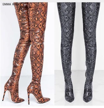 

Fashion Mixed Colors Snake Pattem Pointed Toe Stretch Over the Knee Boots Sexy High Heels Shoes Woman Thigh High Botas Mujer