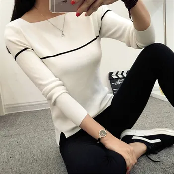 

Chompas de mujer para el invierno Autimn Winter Woman Sweater Knitting Pullovers Slash Neck Long Sleeve Striped Pull Femme