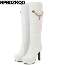 Обувь высокие каблуки 12-44 Фетиш Экстремальная платформа до колена Водонепроницаемые зимние сапоги женские белые Размер 4 большая цепь массивные модные