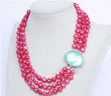 

Free Shipping>>new hot 16"-18" 3row 9mm pink-red pearls necklace seashell clasp E2753