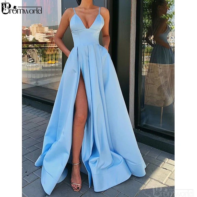 

Sky Blue A-Line Long Evening Gown with Leg Slit Spaghetti Strap V Neck High Slit Orange Formal Evening Dresses 2019 Abendkleider