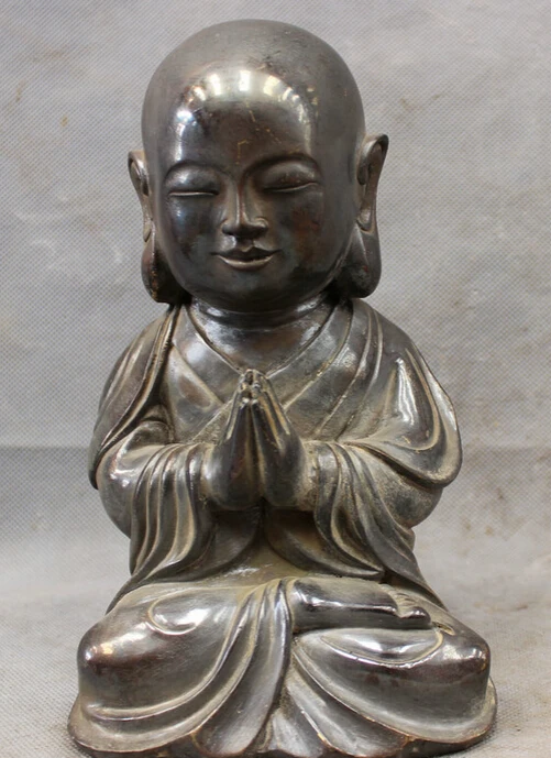 

S2908 8" Chinese Classic Pure Bronze Copper Folk Buddhism Pray Monk Buddha Statue D0318