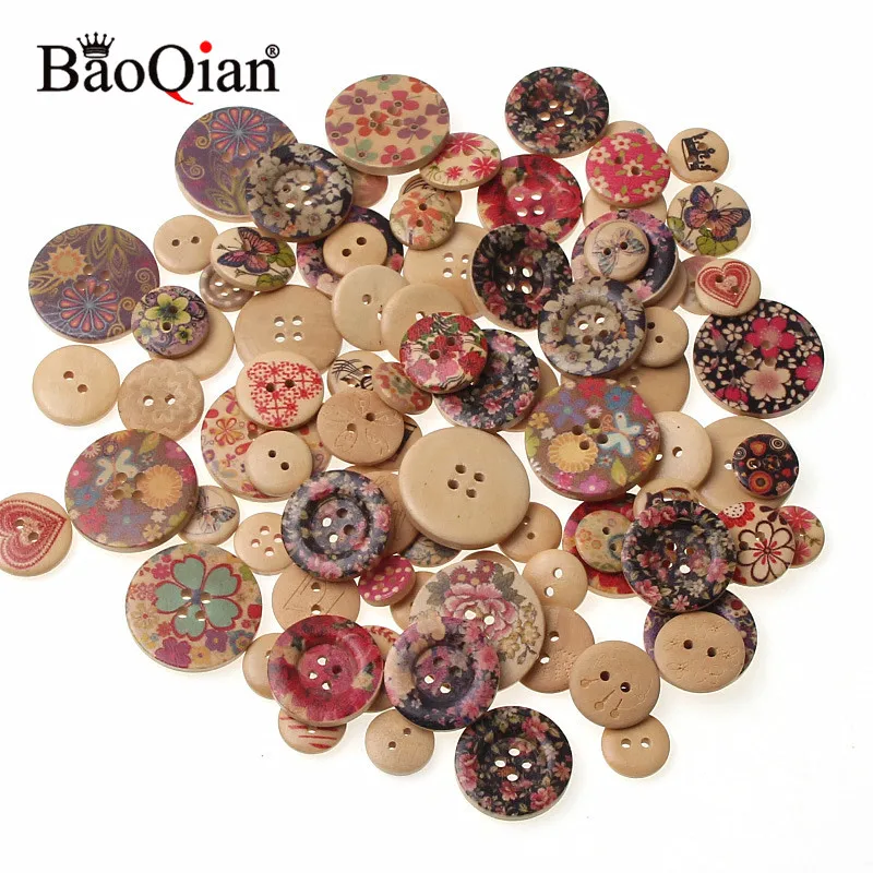 

New Flower Printed Round Wooden Button 2 Holes Mixed Wood Buttons Sewing Accessories For Clothing Decoration DIY 20/50/100