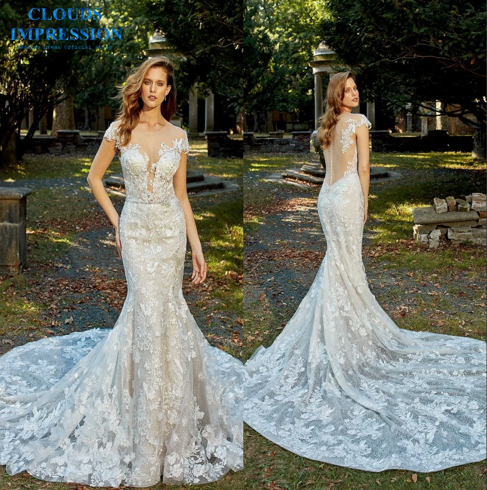 

CLOUDS IMPRESSION Sexy Crystal Mermaid 2019 Wedding Dress Sweetheart Tiered Chapel Train Lace Vestige De Noiva Bride Dress
