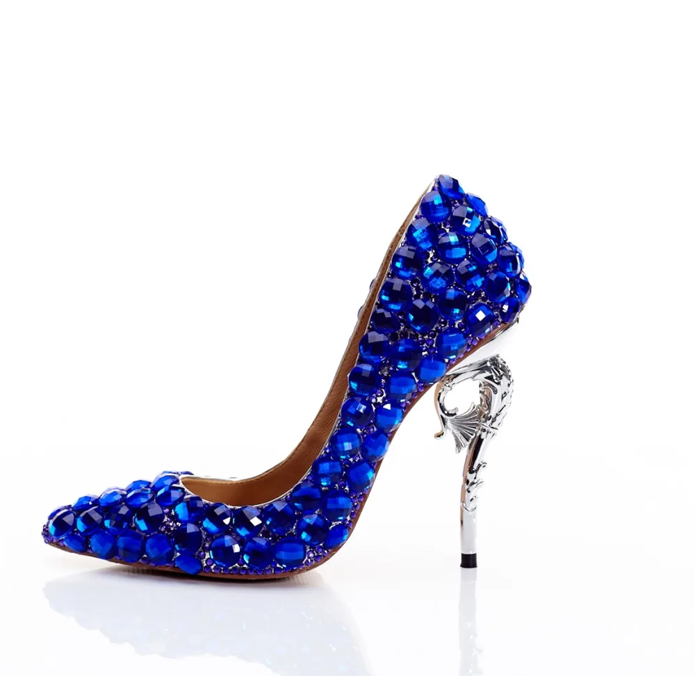 Women shoes 2019 high heels Wedding Female pumps Genuine leather Blue rhinestone dress shoe strange heels zapatillas mujer shoe