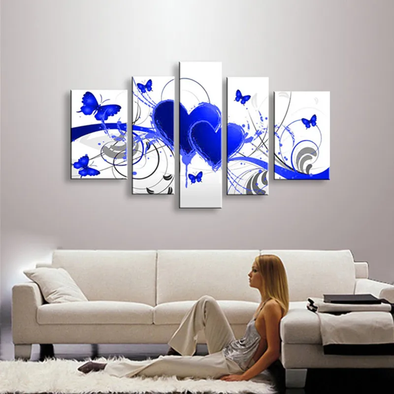 

Large 5 Piece Wall Art Picture Handpainted Abstract Graffiti Oil Painting on Canvas Home Decor Blue Heart Butterfly Paintings