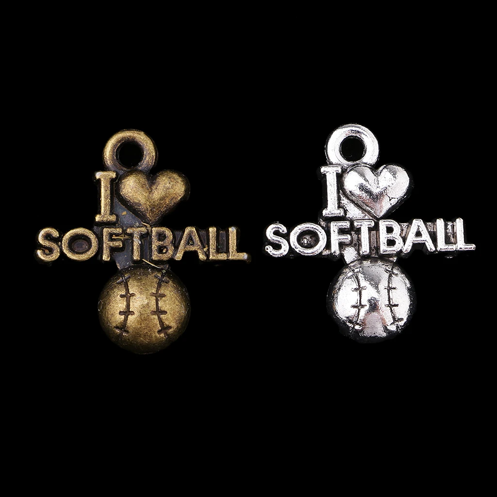 50 Pieces I love Softball Shaped Jewelry Charms Pendants Mix Antique