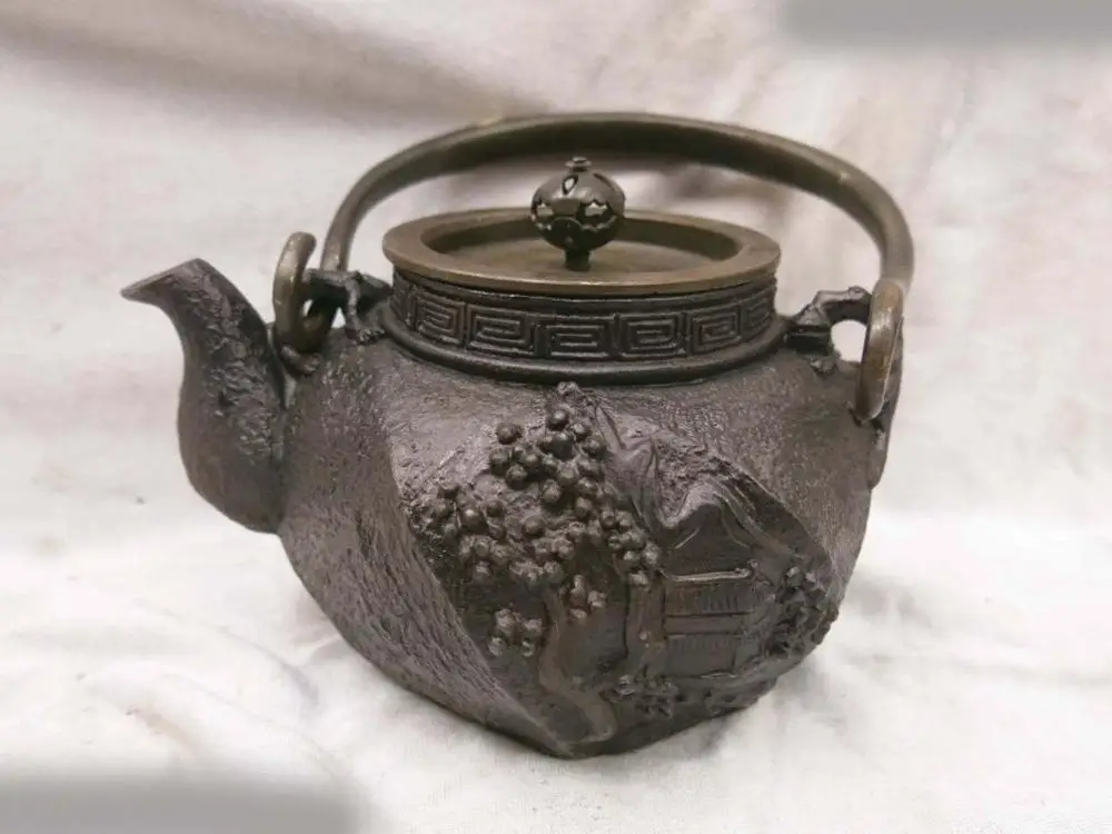 

China old iron carved equisite finely boy tree houses teapot Sculpture Statue