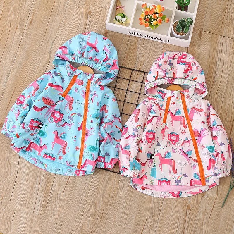 

Fashion Autumn Baby Girls Jacket Unicorn Children Trench Hooded Fleece Outerwear Kids Spring Coat Teenager Waterproof Jacket