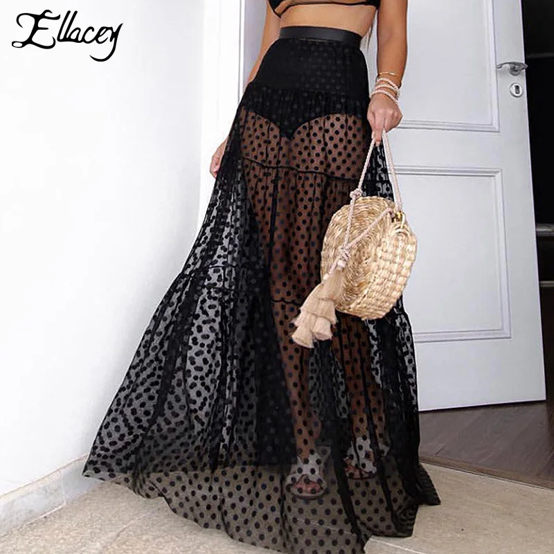 Ellacey, летняя, Лоскутная, сетчатая юбка, Женская мода, юбка в горошек, сексуальная, прозрачная, плиссированная, а-силуэт, длинная, макси юбка
